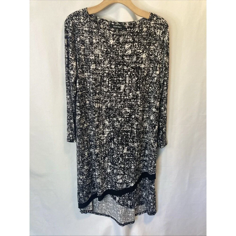 Ellen Tracy Dress Midi L Womens Black White Hi Low Hem Slip Over Asymmetrical - Picture 1 of 9